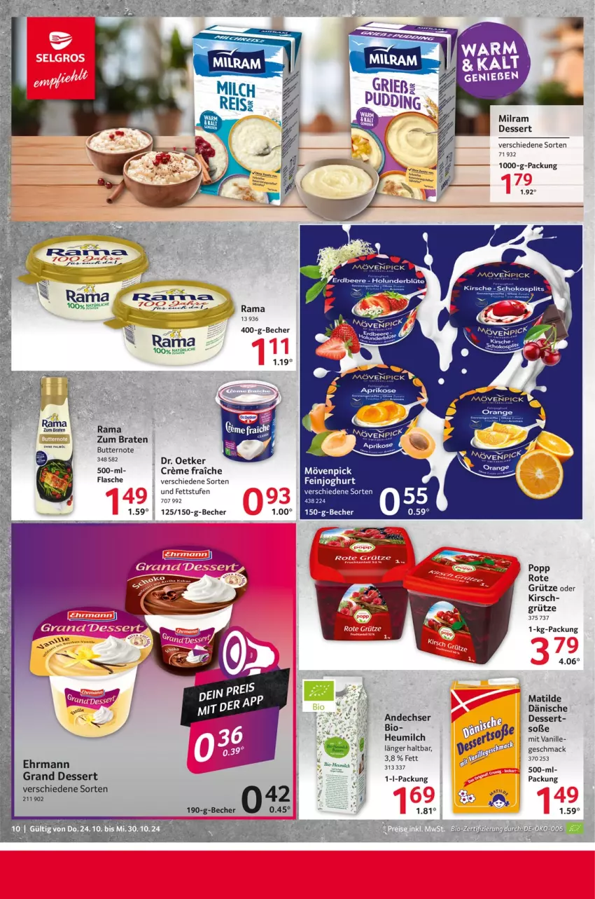 Aktueller Prospekt Selgros - Food - von 24.10 bis 30.10.2024 - strona 10 - produkty: Becher, bio, Blüte, braten, butter, dessert, Dr. Oetker, ehrmann, eis, flasche, grütze, Heu, heumilch, holunder, holunderblüte, kirsch, mac, milch, milram, mövenpick, orange, Popp, rama, Rote Grütze, schoko, Soße, Ti, vanille