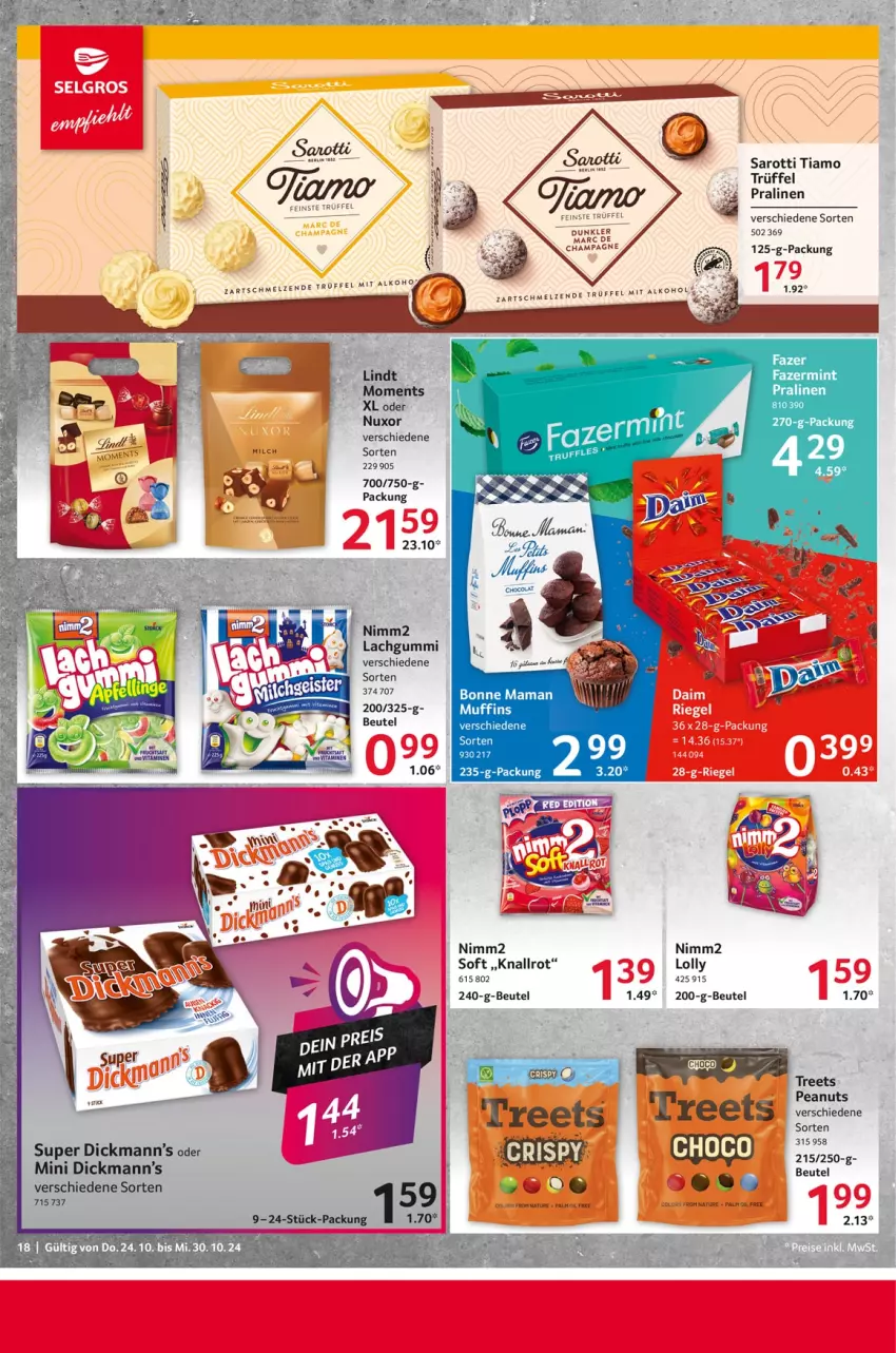 Aktueller Prospekt Selgros - Food - von 24.10 bis 30.10.2024 - strona 18 - produkty: beutel, bonne maman, champagne, eis, lachgummi, lindt, mam, mint, Muffin, muffins, natur, nimm2, pralinen, saro, sarotti, Ti, Trüffel