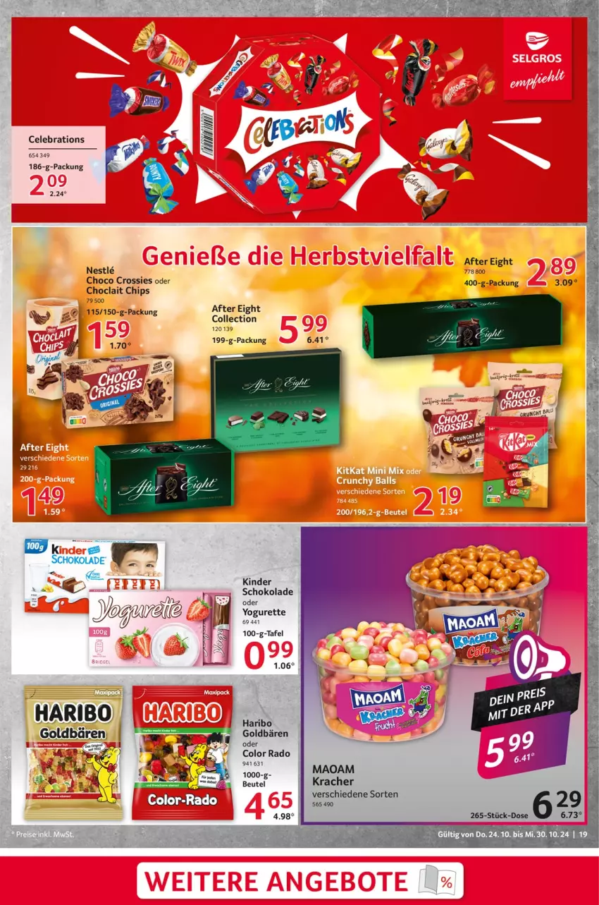 Aktueller Prospekt Selgros - Food - von 24.10 bis 30.10.2024 - strona 19 - produkty: after eight, beutel, chips, choclait chips, choco crossies, crossies, eier, goldbären, haribo, Kinder, kracher, kraft, schoko, schokolade, Ti, Yo, yogurette