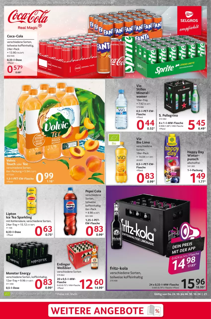 Aktueller Prospekt Selgros - Food - von 24.10 bis 30.10.2024 - strona 21 - produkty: alkohol, bier, bio, bio limo, coca-cola, cola, eis, elle, erdinger, flasche, fritz, fritz-kola, ice tea, limo, lipton, monster, Monster Energy, mw-flasche, pepsi, Pepsi Cola, Ti, wasser