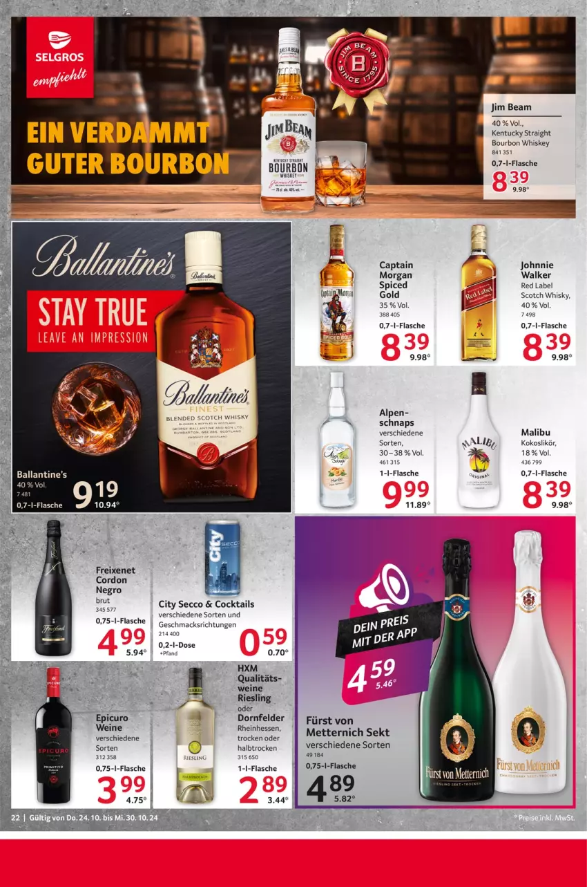 Aktueller Prospekt Selgros - Food - von 24.10 bis 30.10.2024 - strona 22 - produkty: ball, bourbon, bourbon whiskey, brut, Cap, captain morgan, cocktail, cocktails, dornfelder, ecco, flasche, freixenet, jim beam, johnnie walker, kentucky straight, kokos, likör, mac, Malibu, Mett, metternich, riesling, scotch, scotch whisky, sekt, Ti, tuc, wein, weine, whiskey, whisky