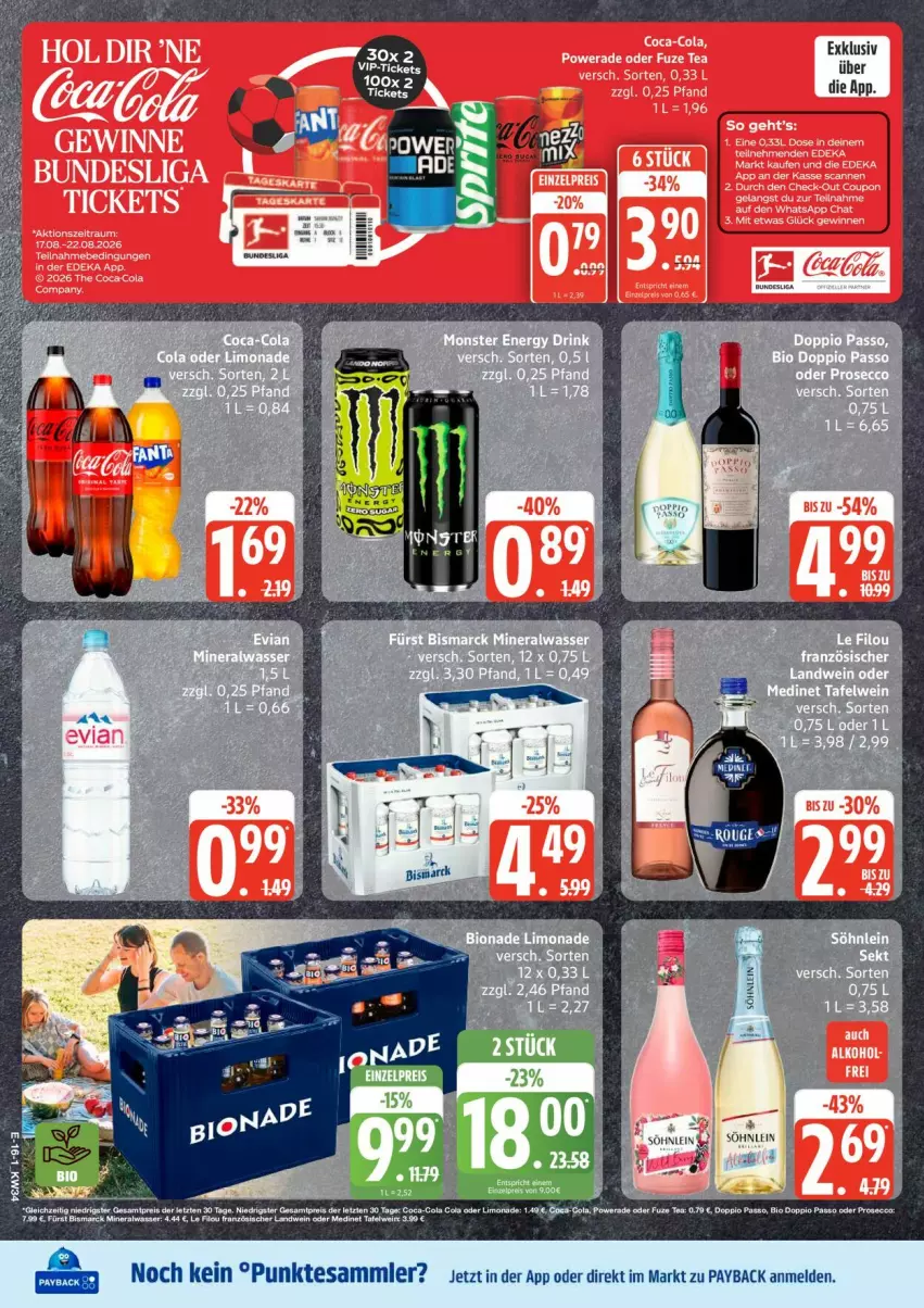 Aktueller Prospekt Edeka - Prospekte - von 17.08 bis 22.08.2026 - strona 21 - produkty: bio, coca-cola, cola, doppio passo, ecco, eis, fuze tea, limo, limonade, medinet, passo, payback, prosecco, reis, söhnlein, tesa, Ti, ZTE