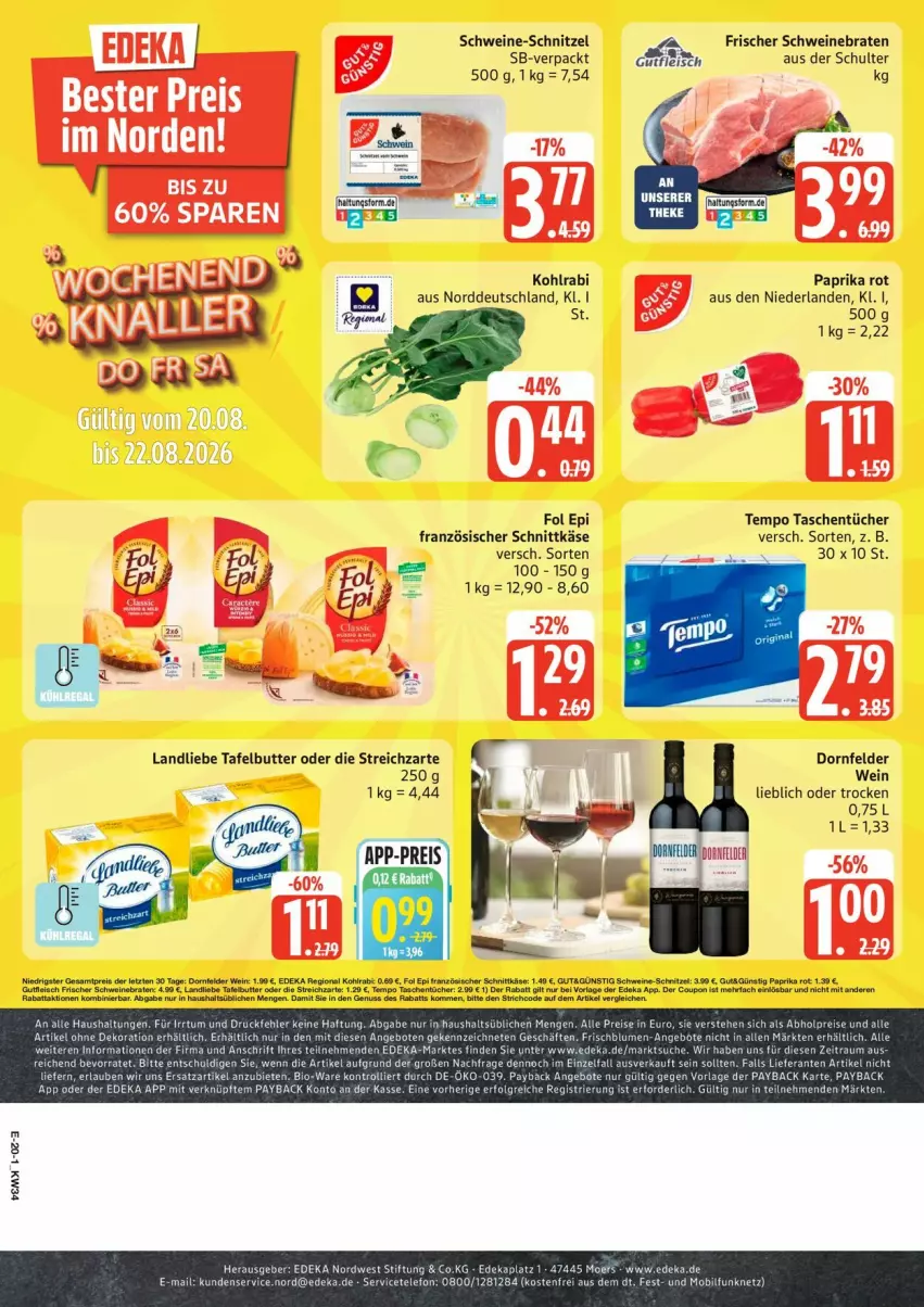Aktueller Prospekt Edeka - Prospekte - von 17.08 bis 22.08.2026 - strona 26 - produkty: alle artikel ohne dekoration, angebot, angebote, auto, bio, blume, blumen, braten, butter, deka, dekoration, dornfelder, eis, fol epi, Käse, kohlrabi, landliebe, LG, paprika, paprika rot, payback, regal, reis, schnittkäse, schnitzel, schwein, schweine, schweine-schnitzel, schweinebraten, Streichzart, Tasche, taschen, taschentücher, telefon, Tempo, Ti, trolli, tücher, wein, weine, ZTE