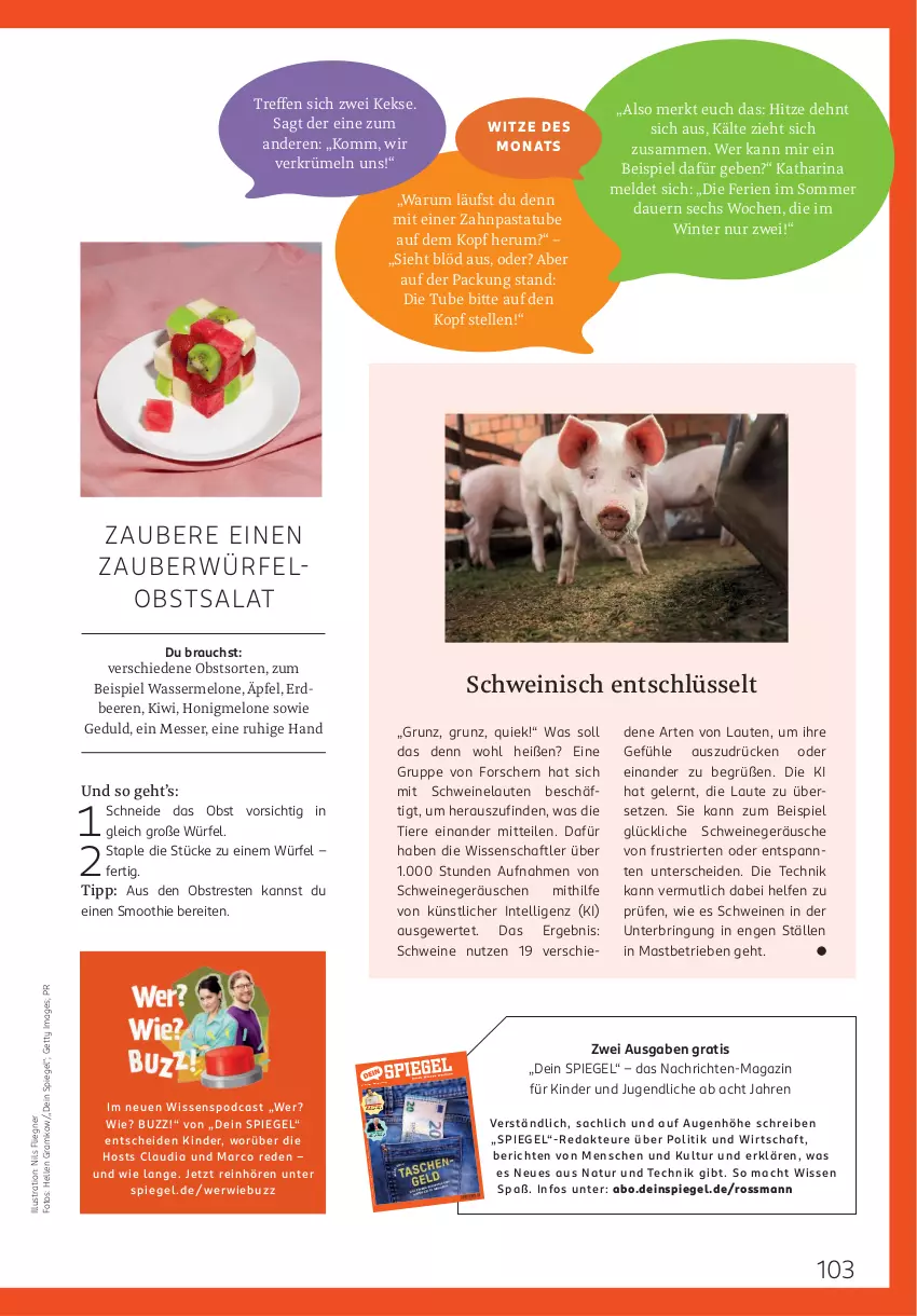 Aktueller Prospekt Rossmann - Prospekte - von 02.06 bis 31.08.2025 - strona 103 - produkty: auer, beere, beeren, eis, elle, erdbeere, erdbeeren, honig, honigmelone, Intel, keks, kekse, Kinder, kiwi, mac, magazin, melone, messer, natur, obst, pasta, Rauch, ring, rum, sac, salat, schwein, schweine, smoothie, spiegel, Ti, Tiere, wasser, wassermelone, wein, weine, würfel, zahnpasta