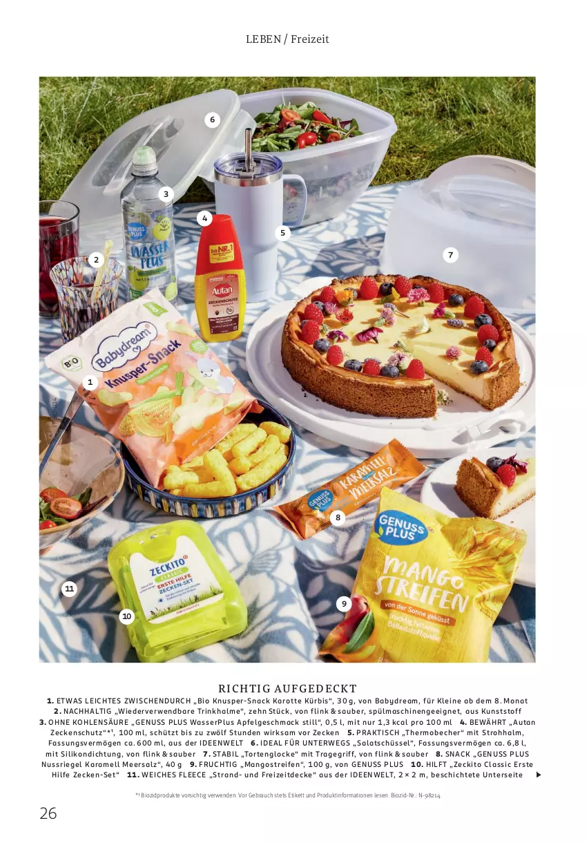 Aktueller Prospekt Rossmann - Prospekte - von 02.06 bis 31.08.2025 - strona 26 - produkty: apfel, Autan, babydream, Becher, bio, biozidprodukte, decke, frucht, karamell, Kürbis, leine, LG, mac, mango, mangos, meersalz, nuss, nussriegel, Rauch, reifen, riegel, rwe, salat, salz, schüssel, snack, spülmaschinen, Ti, tisch, torte, tragegriff, Trinkhalme, wasser