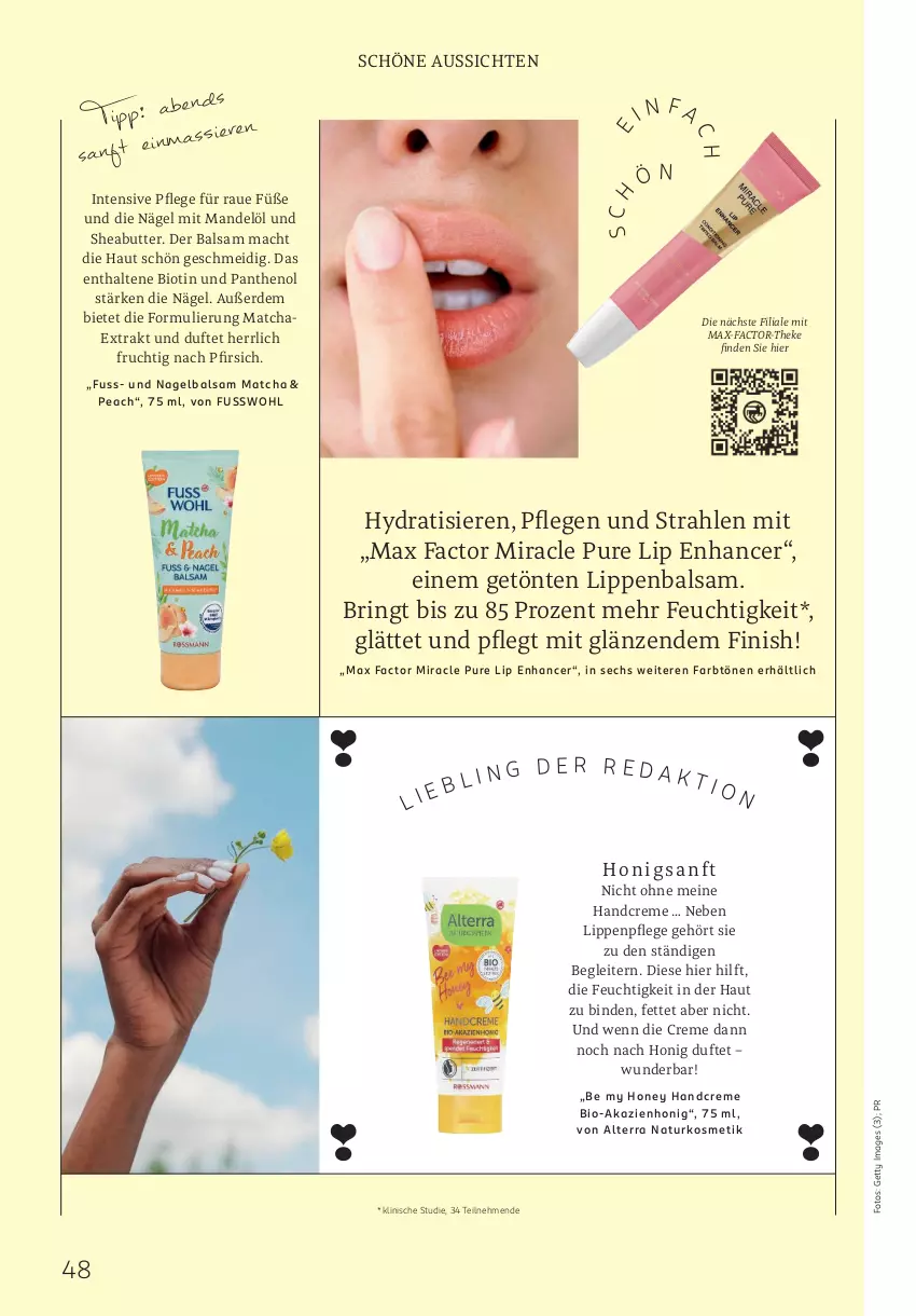 Aktueller Prospekt Rossmann - Prospekte - von 02.06 bis 31.08.2025 - strona 48 - produkty: alterra, balsam, binden, bio, butter, creme, erde, Finish, frucht, Fusswohl, handcreme, honig, kosmetik, Lippenbalsam, Lippenpflege, mac, mandel, Mandelöl, Max Factor, natur, naturkosmetik, Panthenol, pfirsich, ring, Sheabutter, Ti