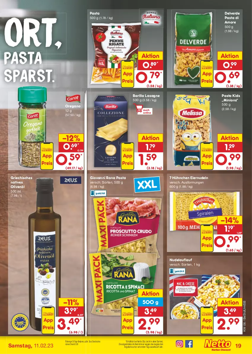 Aktueller Prospekt Netto Marken-Discount - Filial-Angebote - von 06.02 bis 11.02.2023 - strona 19 - produkty: angebot, barilla, bestpreis, eier, eiernudeln, eis, erde, giovanni rana, lasagne, natives olivenöl, nudel, nudeln, olive, oliven, olivenöl, pasta, Rana, reis, Ti, ZTE