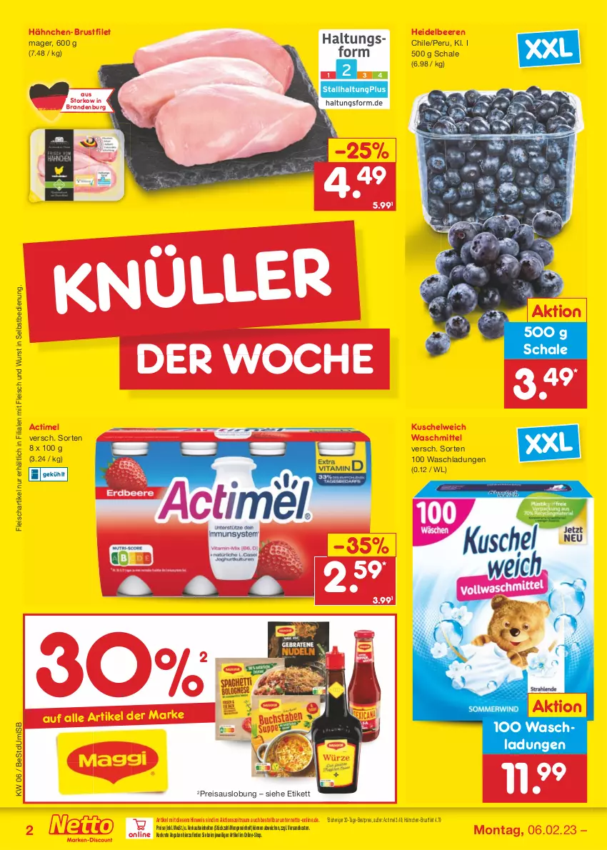 Aktueller Prospekt Netto Marken-Discount - Filial-Angebote - von 06.02 bis 11.02.2023 - strona 2 - produkty: actimel, beere, beeren, bestpreis, brustfilet, eis, filet, fleisch, hähnchen-brustfilet, heidelbeere, heidelbeeren, Kuschelweich, ndk, reis, Schal, Schale, Ti, waschmittel, wurst, wurst in selbstbedienung