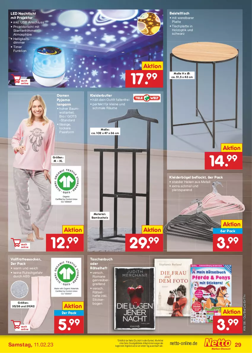 Aktueller Prospekt Netto Marken-Discount - Filial-Angebote - von 06.02 bis 11.02.2023 - strona 29 - produkty: angebot, bambus, batterie, Bau, beistelltisch, bio, buch, bügel, dimmer, eis, Hefte, Holz, HP, kleid, kleider, kleiderbügel, latte, leine, Nachtlicht, Projektor, Pyjama, reifen, Ria, socken, Tasche, taschen, Taschenbuch, tee, Ti, timer, tisch, tischplatte, usb, ZTE