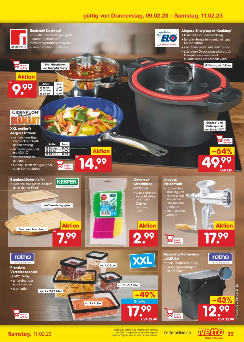 Aktueller Prospekt Netto Marken-Discount - Filial-Angebote - von 06.02 bis 11.02.2023 - strona 35 - produkty: angebot, backofen, bambus, beutel, Clin, decke, Deckel, edelstahl, eis, fleisch, gefrierbeutel, Glasdeckel, hackfleisch, herdarten, ilag, keks, kekse, Kochtopf, kraft, küche, Küchen, Küchenhelfer, LG, Ofen, pfanne, reis, spülmaschinen, Ti, topf, Tüte, würstchen, ZTE