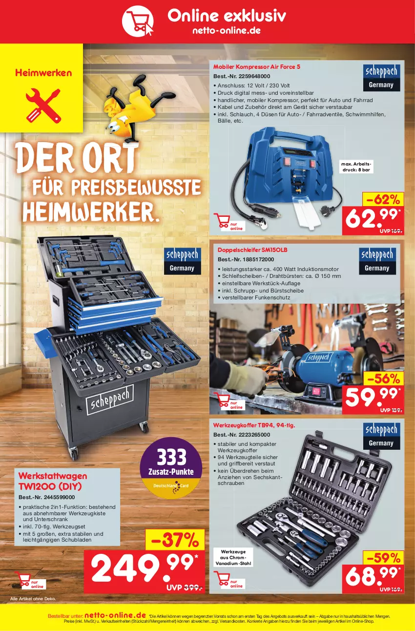 Aktueller Prospekt Netto Marken-Discount - Filial-Angebote - von 06.02 bis 11.02.2023 - strona 46 - produkty: Air Force, angebot, auto, bürste, bürsten, Draht, eis, Fahrrad, koffer, kompressor, LG, ndk, reis, schlauch, Schrank, schrauben, schubladen, Ti, tisch, unterschrank, werkzeug, werkzeuge, ZTE