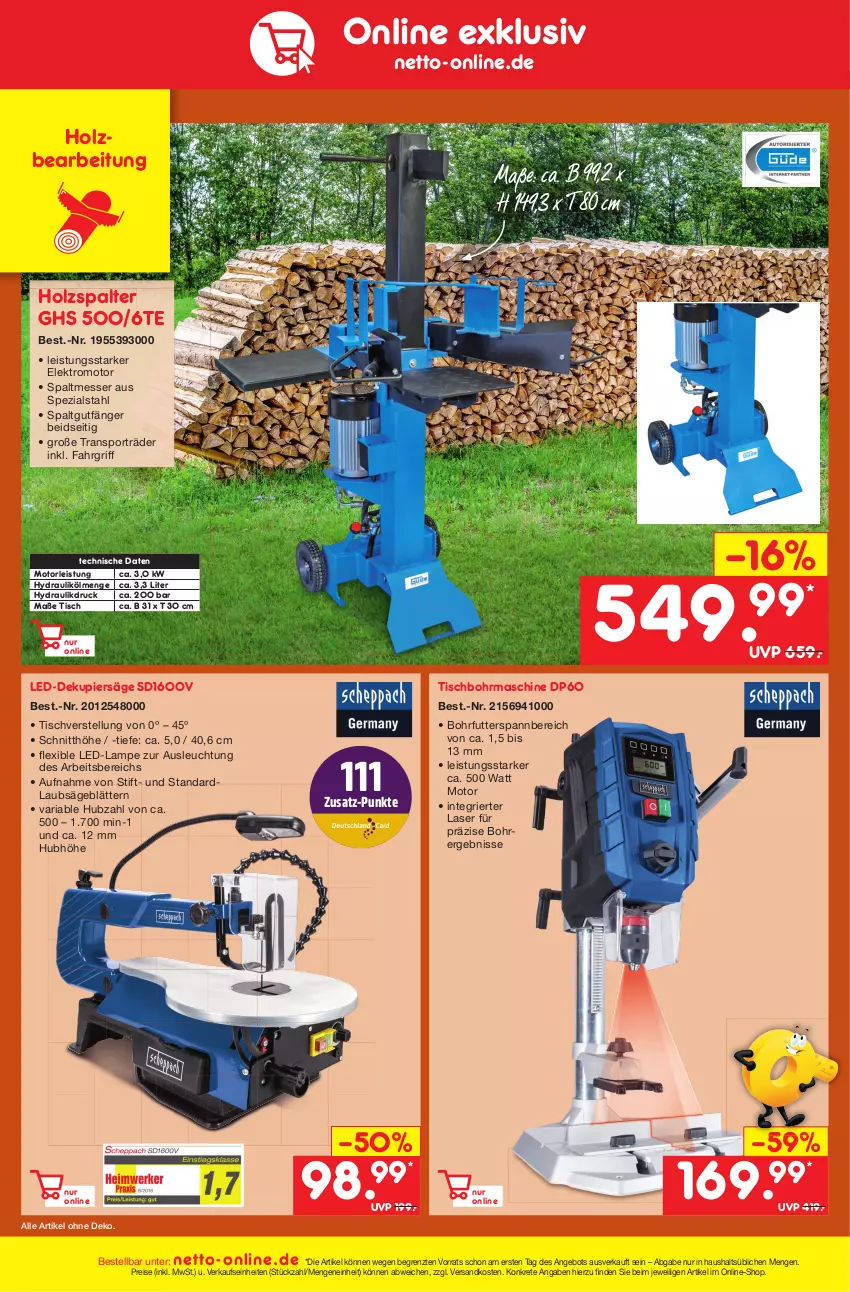 Aktueller Prospekt Netto Marken-Discount - Filial-Angebote - von 06.02 bis 11.02.2023 - strona 48 - produkty: angebot, eis, Elektro, Holz, Holzspalter, Lampe, messer, ndk, reis, Ria, säge, Spezi, Sport, Ti, tisch, Tischbohrmaschine, ZTE