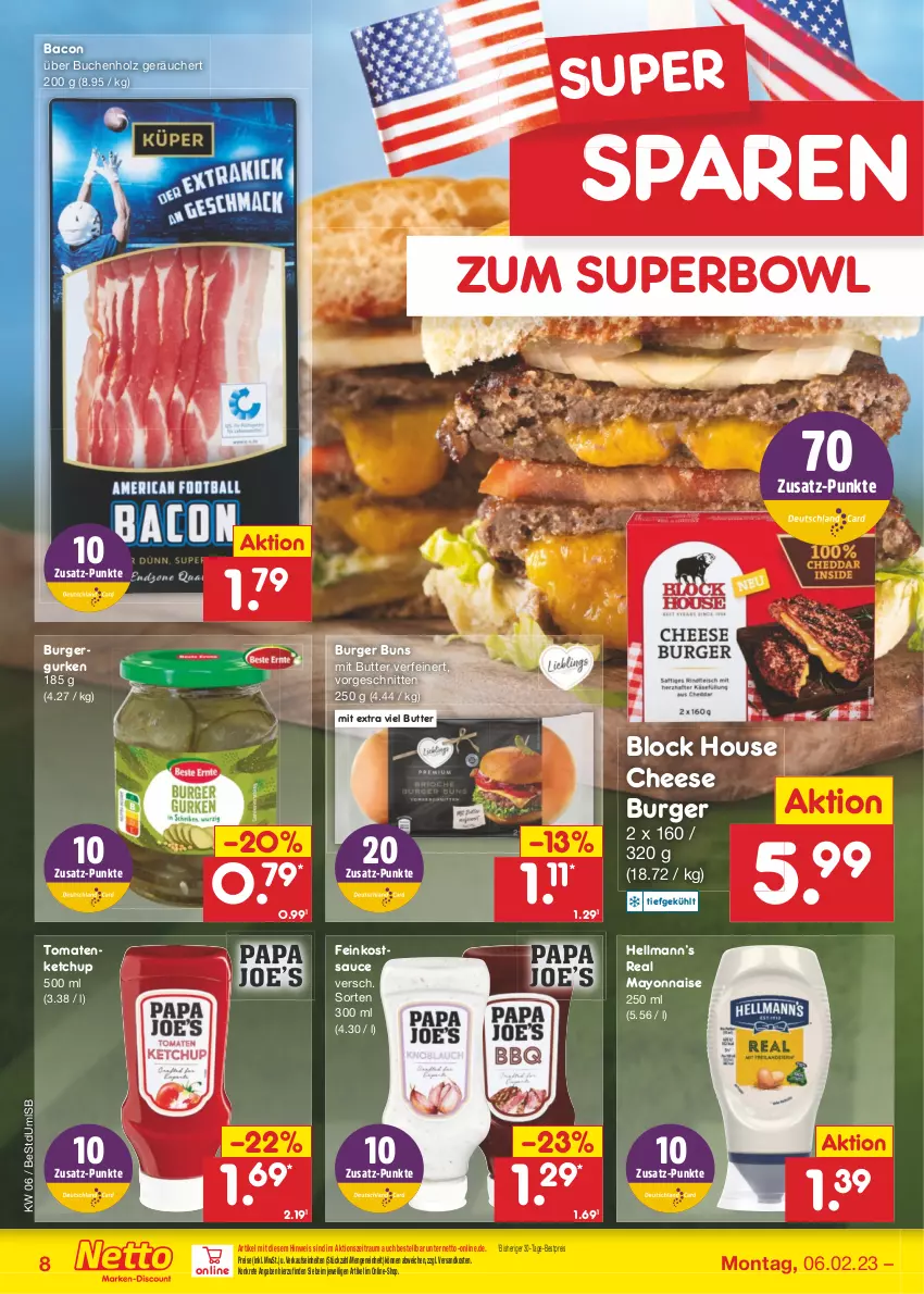 Aktueller Prospekt Netto Marken-Discount - Filial-Angebote - von 06.02 bis 11.02.2023 - strona 8 - produkty: bacon, bestpreis, buch, burger, burger buns, butter, eis, feinkost, gurke, gurken, Holz, ketchup, mayonnaise, ndk, reis, sauce, schnitten, Ti, tomate, tomaten, tomatenketchup, Yo