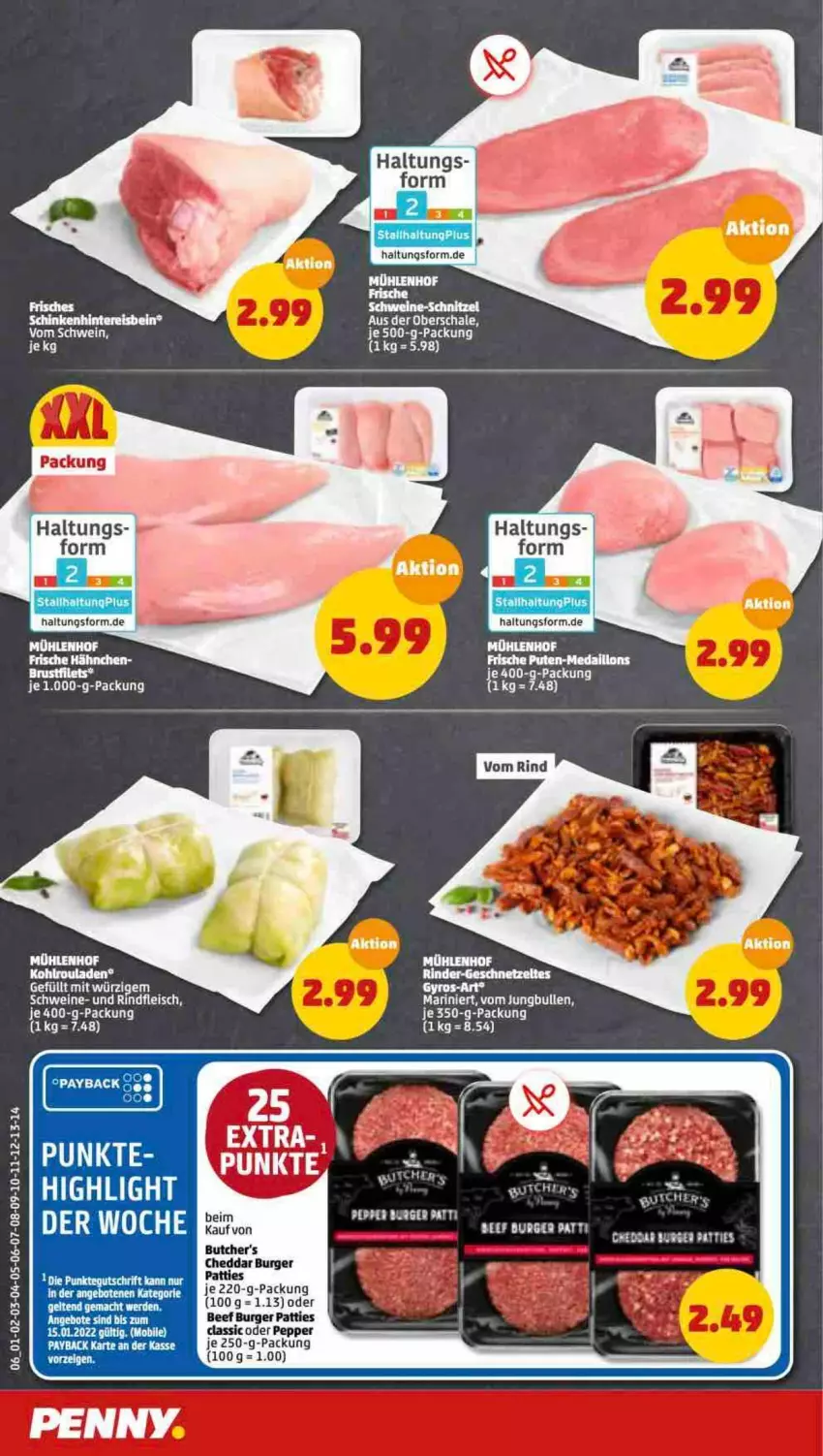 Aktueller Prospekt Penny - Prospekte - von 10.01 bis 15.01.2022 - strona 4 - produkty: beef, burger, butcher's, cheddar, eis, fleisch, jungbullen, rind, rindfleisch, Schal, Schale, schwein, schweine, Ti, wein, weine