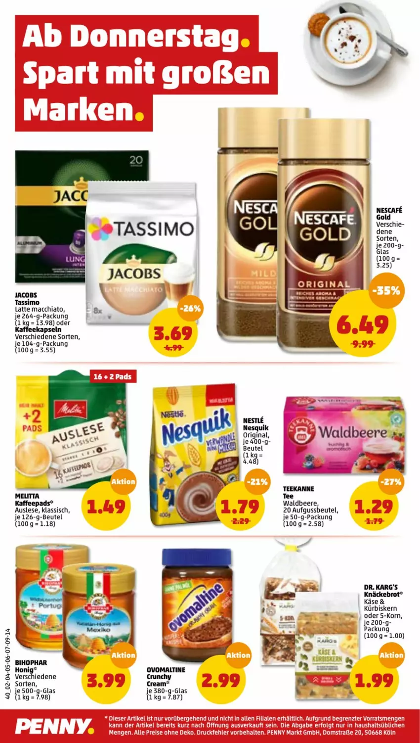 Aktueller Prospekt Penny - Prospekte - von 10.01 bis 15.01.2022 - strona 40 - produkty: ACC, beere, beutel, bihophar, brot, chia, honig, jacobs, kaffee, kaffeepads, Käse, knäckebrot, korn, Kürbis, latte, latte macchiato, mac, macchiato, melitta, nescafe, ovomaltine, Rana, sim, tassimo, tee, teekanne, Ti