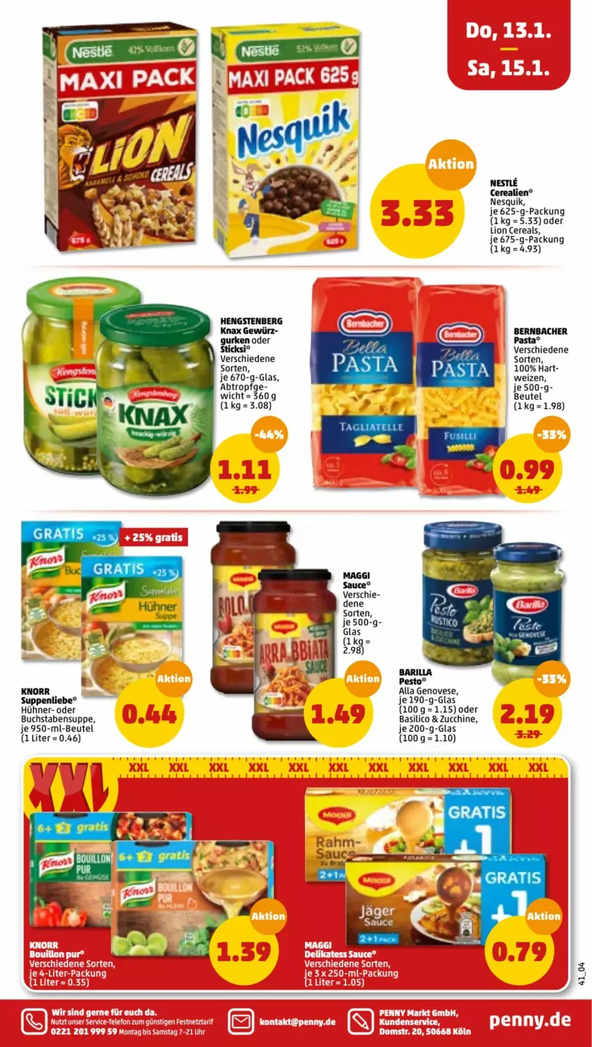 Aktueller Prospekt Penny - Prospekte - von 10.01 bis 15.01.2022 - strona 41 - produkty: barilla, basilico, bernbacher, beutel, buch, cerealien, cereals, genovese, gewürz, gurke, gurken, hengstenberg, hühner, knorr, lion, maggi, nesquik, pasta, pesto, sauce, suppe, suppen, suppenliebe, Ti