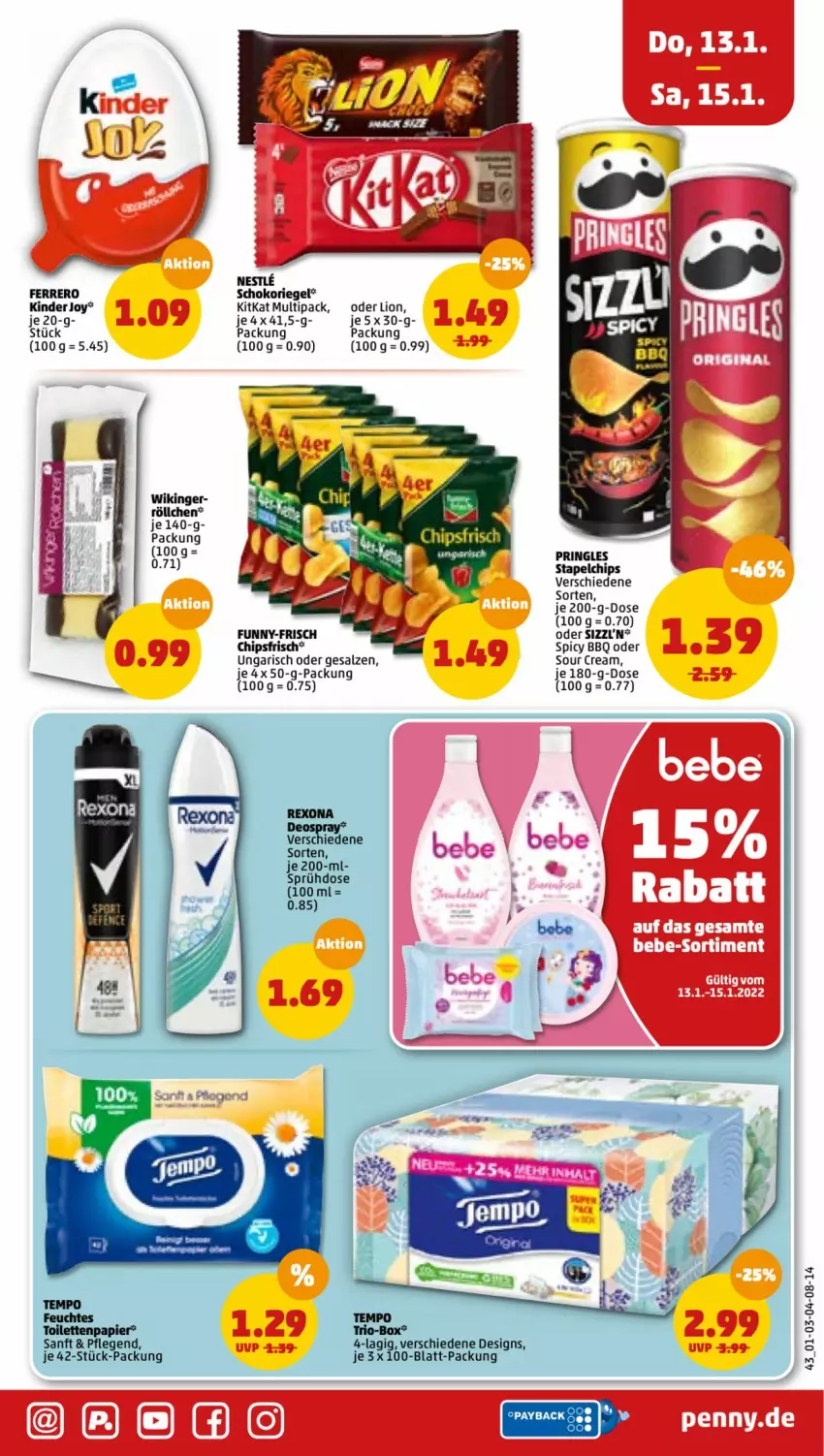 Aktueller Prospekt Penny - Prospekte - von 10.01 bis 15.01.2022 - strona 43 - produkty: chips, chipsfrisch, ferrero, funny-frisch, Kinder, kitkat, lion, papier, payback, pringles, riegel, ring, salz, schoko, schokoriegel, sour cream, Tempo, Ti, toilettenpapier