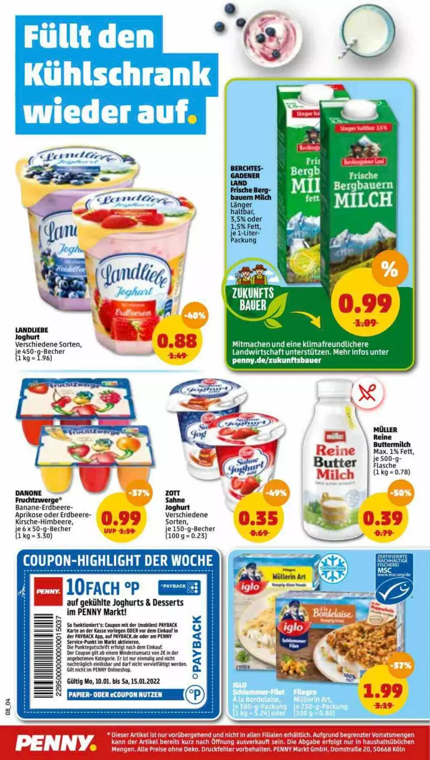 Aktueller Prospekt Penny - Prospekte - von 10.01 bis 15.01.2022 - strona 6 - produkty: angebot, angebote, auer, banane, Bau, Bauer, Becher, beere, butter, buttermilch, coupon, danone, dessert, desserts, erdbeere, erde, flasche, frucht, fruchtzwerge, himbeer, himbeere, joghur, joghurt, kirsch, kirsche, landliebe, LG, mac, milch, Müller, papier, payback, sahne, Ti, zott