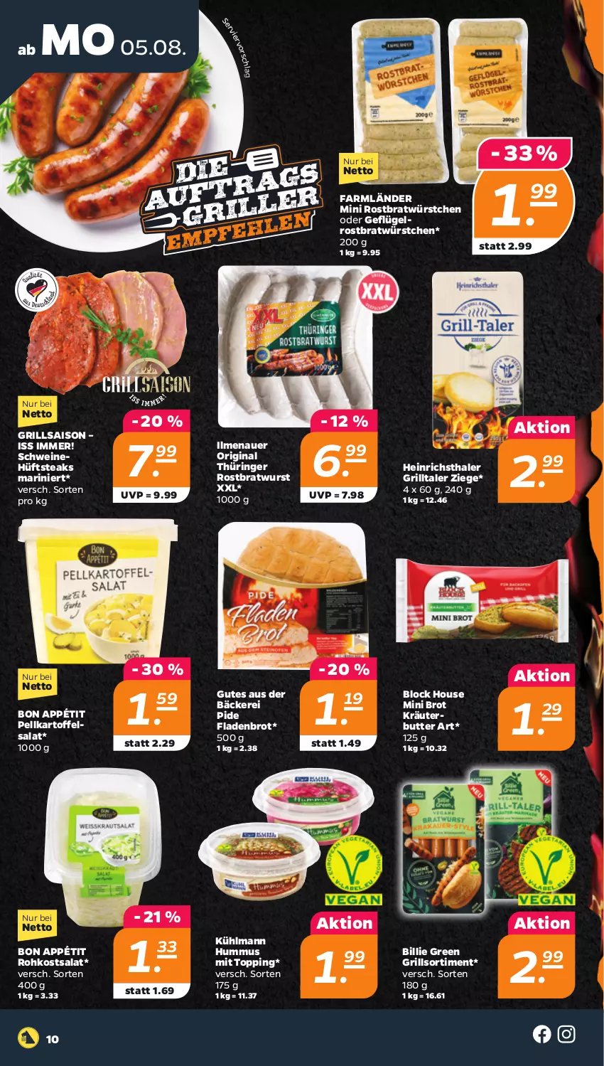 Aktueller Prospekt Netto - Woche 32 - von 05.08 bis 10.08.2024 - strona 10 - produkty: auer, bratwurst, brot, butter, Fladenbrot, Geflügel, gin, grill, heinrichsthaler, hüftsteak, hüftsteaks, hummus, kartoffel, kartoffelsalat, kräuter, kräuterbutter, kühlmann, original thüringer, ring, rostbratwurst, salat, schwein, schweine, steak, steaks, thüringer rostbratwurst, Ti, wein, weine, wurst, würstchen