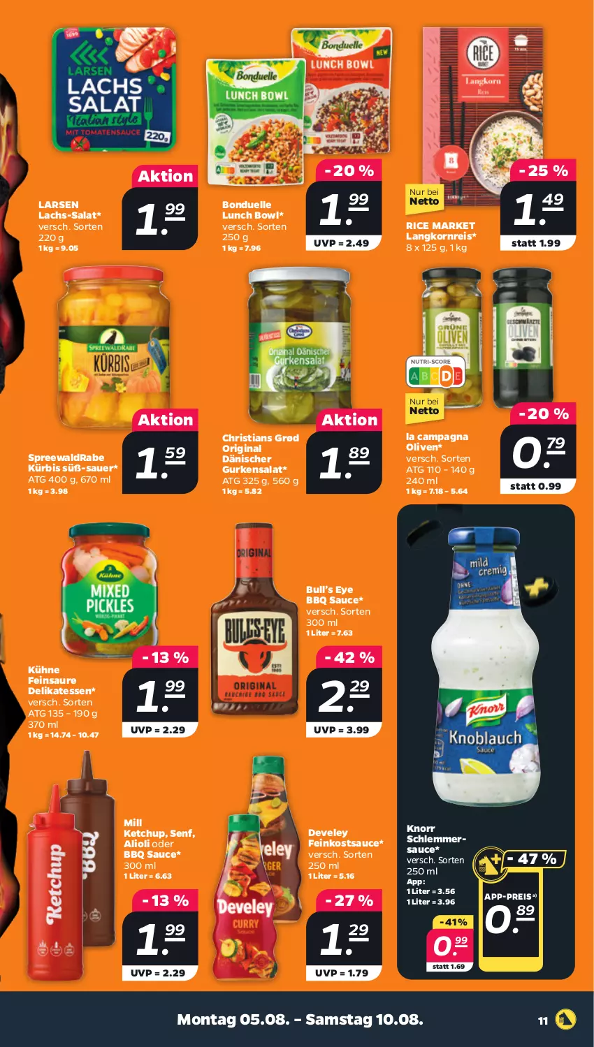 Aktueller Prospekt Netto - Woche 32 - von 05.08 bis 10.08.2024 - strona 11 - produkty: auer, bonduelle, develey, eis, elle, feinkost, gin, gurke, gurken, gurkensalat, ketchup, knorr, korn, Kühne, Kürbis, lachs, Langkornreis, olive, oliven, reis, salat, sauce, schlemmersauce, senf, Ti