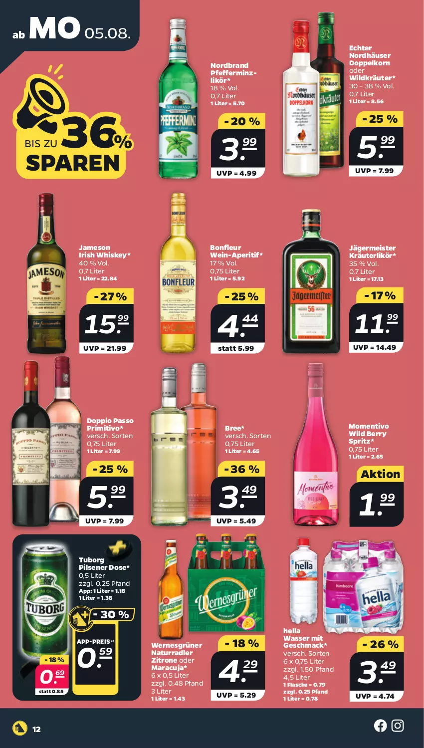 Aktueller Prospekt Netto - Woche 32 - von 05.08 bis 10.08.2024 - strona 12 - produkty: aperitif, bree, doppelkorn, doppio passo, eis, flasche, Germ, hella, irish whiskey, jägermeister, jameson, korn, kräuter, kräuterlikör, likör, mac, maracuja, Meister, natur, nordbrand, passo, pfeffer, pfefferminzlikör, pils, pilsener, primitivo, radler, reis, Ti, wasser, wein, whiskey, Wild, wild berry, zitrone