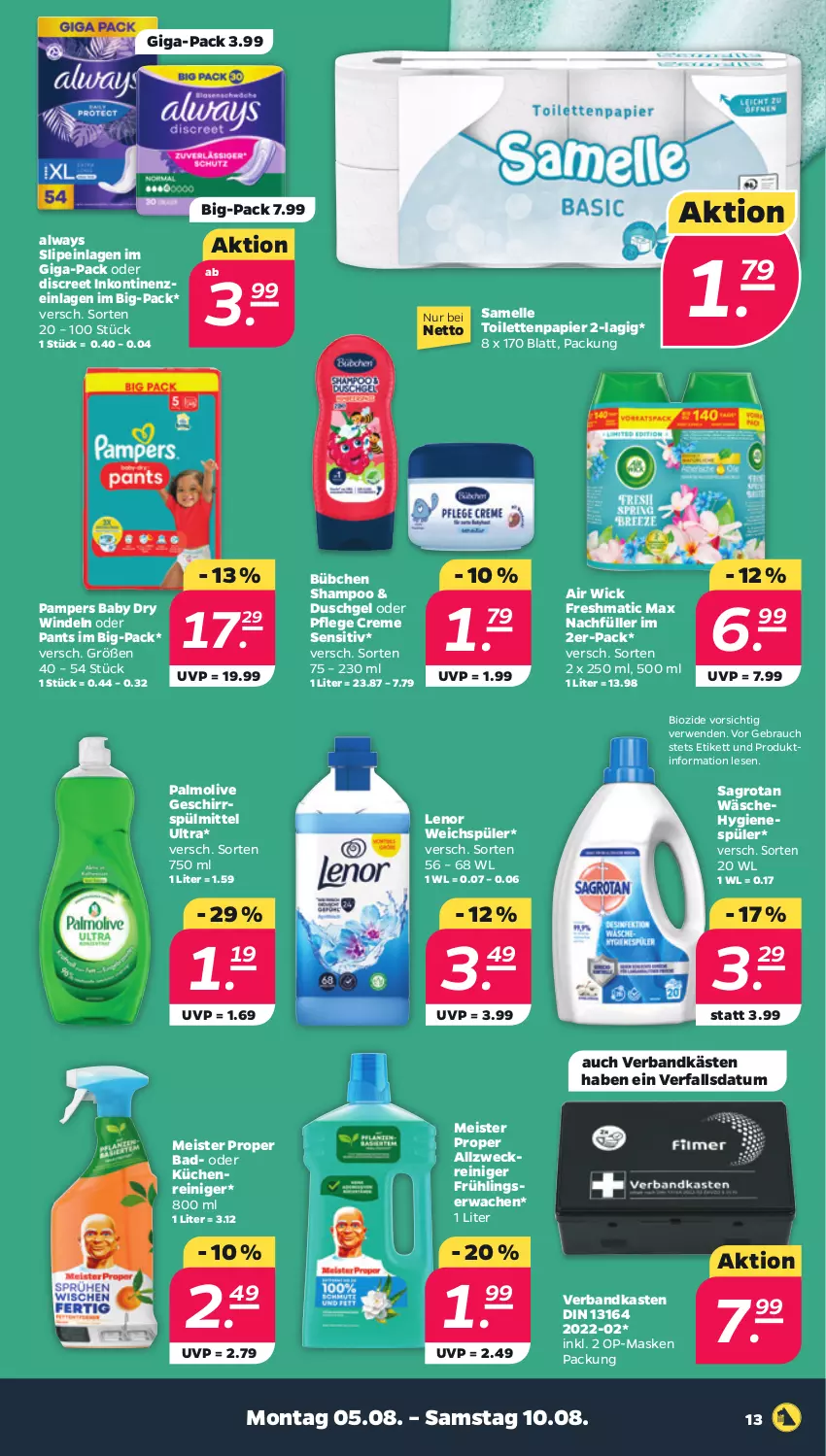 Aktueller Prospekt Netto - Woche 32 - von 05.08 bis 10.08.2024 - strona 13 - produkty: Air Wick, allzweckreiniger, Alwa, Always, Bad, bio, bübchen, creme, Discreet, duschgel, eis, elle, geschirr, geschirrspülmittel, hygienespüler, küche, Küchen, lenor, lenor weichspüler, Maske, Meister, meister proper, ndk, olive, palmolive, pampers, pampers baby dry, Pants, papier, Rauch, reiniger, rwe, sagrotan, shampoo, slip, slipeinlagen, spülmittel, Ti, toilettenpapier, Verbandkasten, weck, weichspüler, WICK, windeln, windeln oder pants