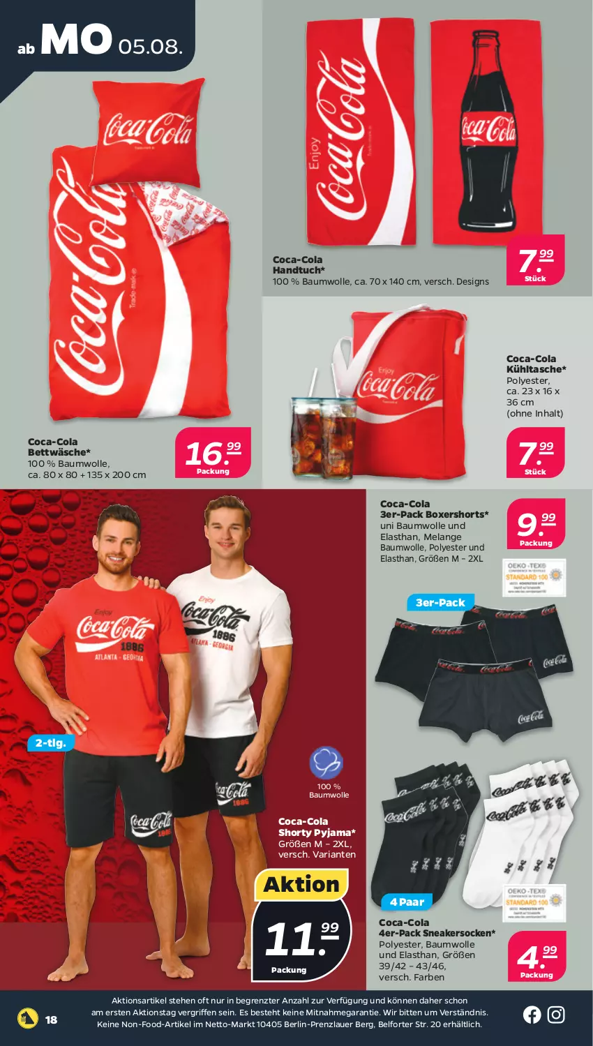 Aktueller Prospekt Netto - Woche 32 - von 05.08 bis 10.08.2024 - strona 18 - produkty: auer, Bau, baumwolle, bett, bettwäsche, coca-cola, cola, Elan, handtuch, kühltasche, LG, Pyjama, Ria, shorts, shorty, sneaker, sneakersocken, socken, Tasche, Ti, tuc, wolle, ZTE