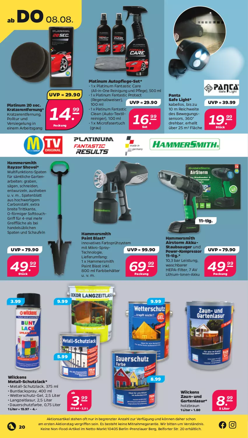 Aktueller Prospekt Netto - Woche 32 - von 05.08 bis 10.08.2024 - strona 20 - produkty: akku, asti, auer, auto, Behälter, Bewegungssensor, braun, Brei, eis, fanta, Garten, Holz, kompressor, lack, LG, reiniger, Reinigung, rum, säge, Spaten, staubsauger, Ti, topf, tuc, ZTE