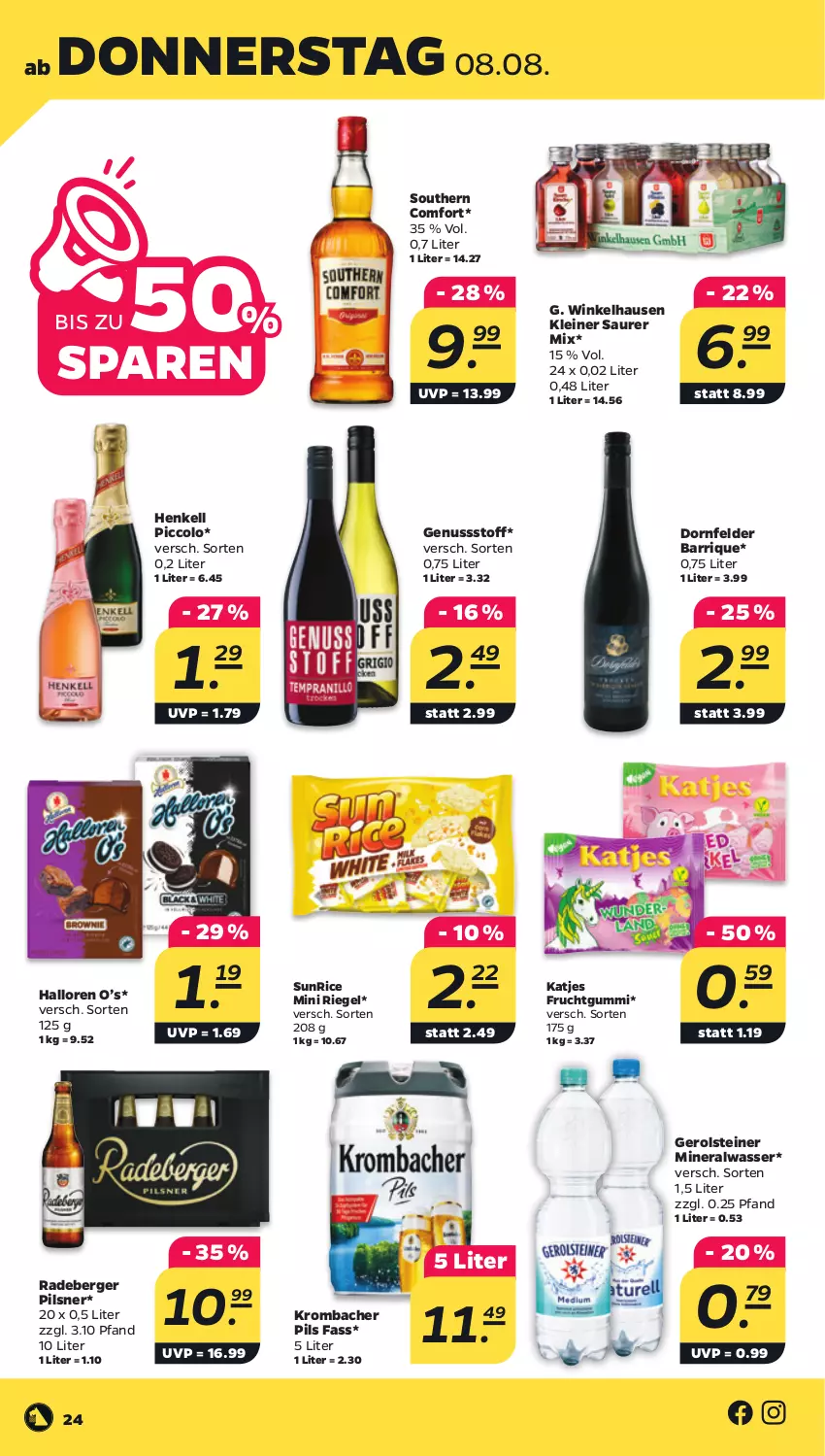 Aktueller Prospekt Netto - Woche 32 - von 05.08 bis 10.08.2024 - strona 24 - produkty: Alwa, Berger, dornfelder, frucht, fruchtgummi, gerolsteine, gerolsteiner, henkel, henkell, katjes, krombache, krombacher, krombacher pils, leine, mineralwasser, nuss, pils, pilsner, radeberger, radeberger pilsner, riegel, Southern Comfort, steiner, wasser, winkelhausen