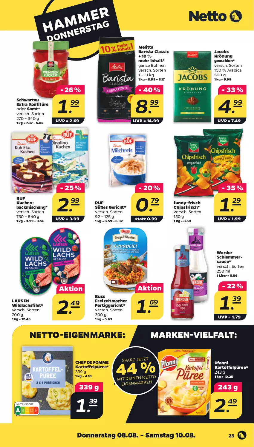 Aktueller Prospekt Netto - Woche 32 - von 05.08 bis 10.08.2024 - strona 25 - produkty: backmischung, bohne, bohnen, chips, chipsfrisch, erde, fertiggericht, filet, funny-frisch, jacobs, jacobs krönung, kartoffel, Kartoffelpüree, konfitüre, kuchen, lachs, lachsfilet, mac, melitta, pfanni, püree, sauce, schlemmersauce, Schwartau, Ti, Wild, wildlachs