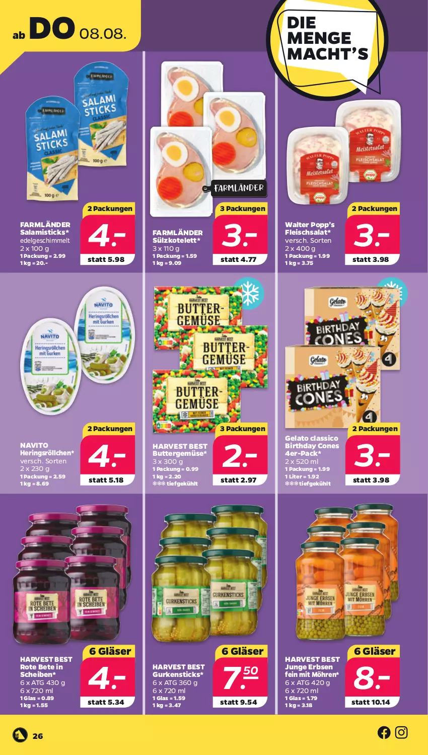 Aktueller Prospekt Netto - Woche 32 - von 05.08 bis 10.08.2024 - strona 26 - produkty: butter, classico, eis, erbsen, fleisch, fleischsalat, Gläser, gurke, gurken, hering, Herings, junge erbsen, kotelett, LG, möhren, Popp, ring, rote bete, salami, salat, Ti