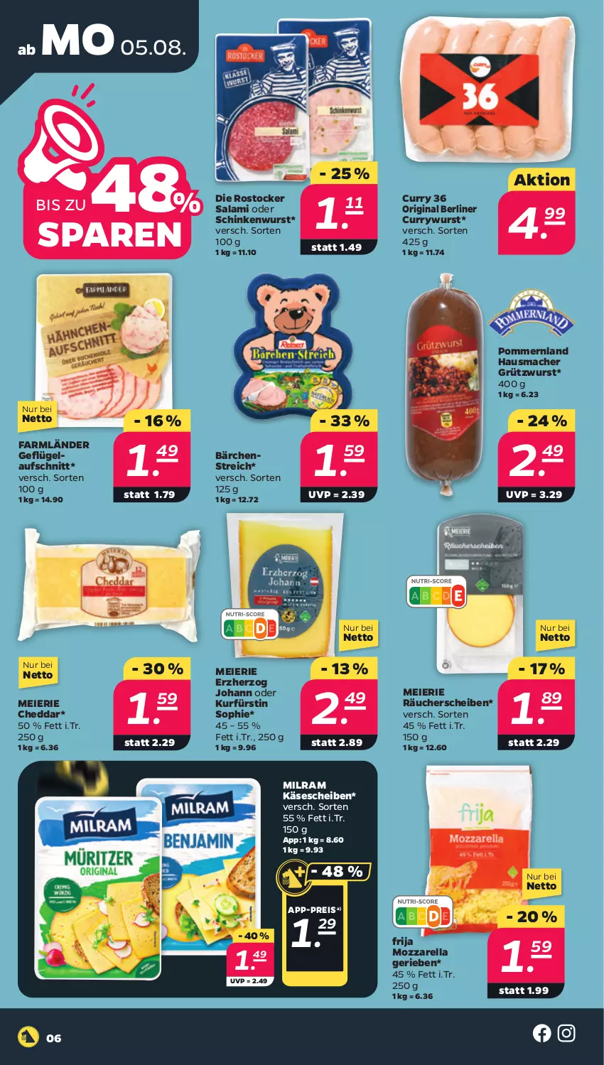 Aktueller Prospekt Netto - Woche 32 - von 05.08 bis 10.08.2024 - strona 6 - produkty: aufschnitt, berliner, cheddar, curry, currywurst, eier, eis, Geflügel, gin, Hausmacher, Käse, käsescheiben, mac, milram, mozzarella, reis, rel, Rostocker, salami, schinken, schinkenwurst, Ti, wurst