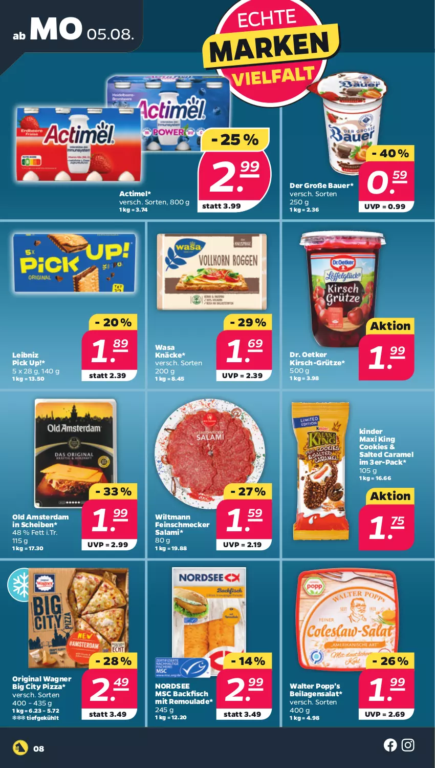 Aktueller Prospekt Netto - Woche 32 - von 05.08 bis 10.08.2024 - strona 8 - produkty: actimel, auer, backfisch, Bau, Bauer, caramel, cookie, cookies, Dr. Oetker, feinschmecker, fisch, gin, grütze, ilag, Kinder, Kinder Maxi, kinder maxi king, kirsch, leibniz, Nordsee, Old Amsterdam, original wagner, Pick Up!, pizza, Popp, remoulade, salami, salat, Ti, wagner, wasa, wiltmann