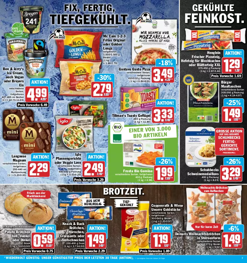 Aktueller Prospekt Hit - Prospekte - von 21.11 bis 26.11.2022 - strona 7 - produkty: aus dem kühlregal, Becher, becks, beutel, bio, bio gemüse, blätterteig, brot, brötchen, coppenrath, Croissant, croissants, eis, feinkost, fertiggericht, fertiggerichte, frosta, Geflügel, gin, Golden Longs, Goldstücke, Hefe, henglein, hörnchen, iglo, kuchen, kühlregal, langnese, magnum, maultaschen, mc cain, medaillons, pfanne, pfannen, pizza, Pizzateig, regal, reis, schwein, schweine, Tasche, taschen, Ti, toast, toasty, veggie, Veggie Love, wein, weine, ZTE