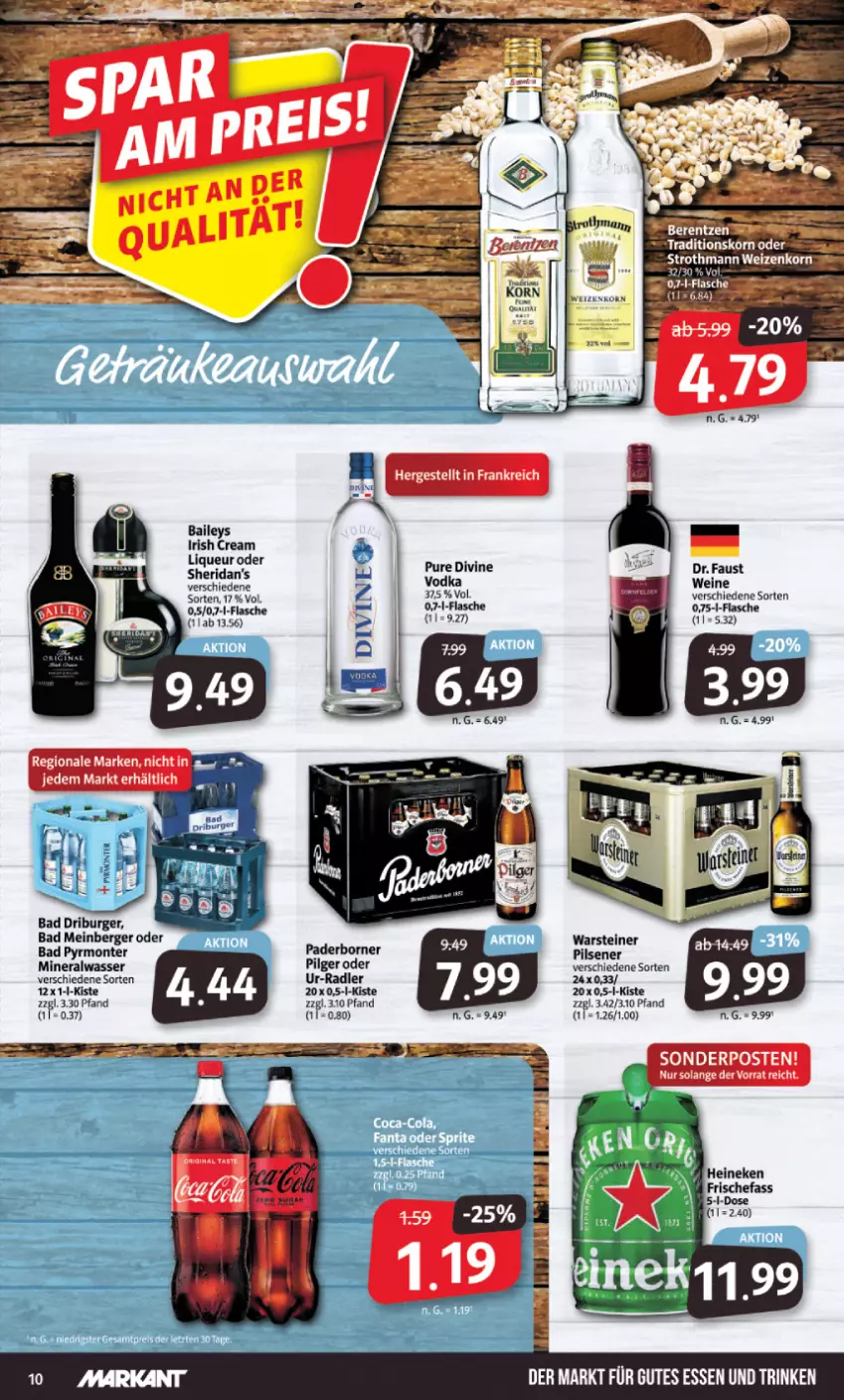 Aktueller Prospekt Markant - Prospekte - von 14.11 bis 19.11.2022 - strona 10 - produkty: Alwa, aust, Bad, baileys, Berger, burger, flasche, gutes essen, heineken, irish cream, korn, LG, mineralwasser, monte, pils, radler, sonderposten, Ti, vodka, wasser, wein, weine, weizenkorn