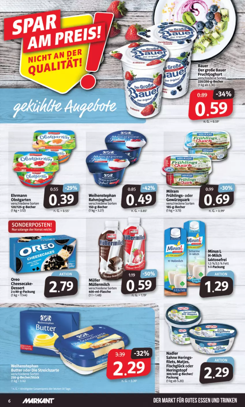 Aktueller Prospekt Markant - Prospekte - von 14.11 bis 19.11.2022 - strona 6 - produkty: Becher, cheesecake, dessert, ehrmann, filet, filets, flasche, gewürz, gewürzquark, gutes essen, hering, Herings, joghur, joghurt, matjes, milch, Müller, müllermilch, oreo, quark, rahmjoghurt, ring, sahne, sonderposten, weihenstephan