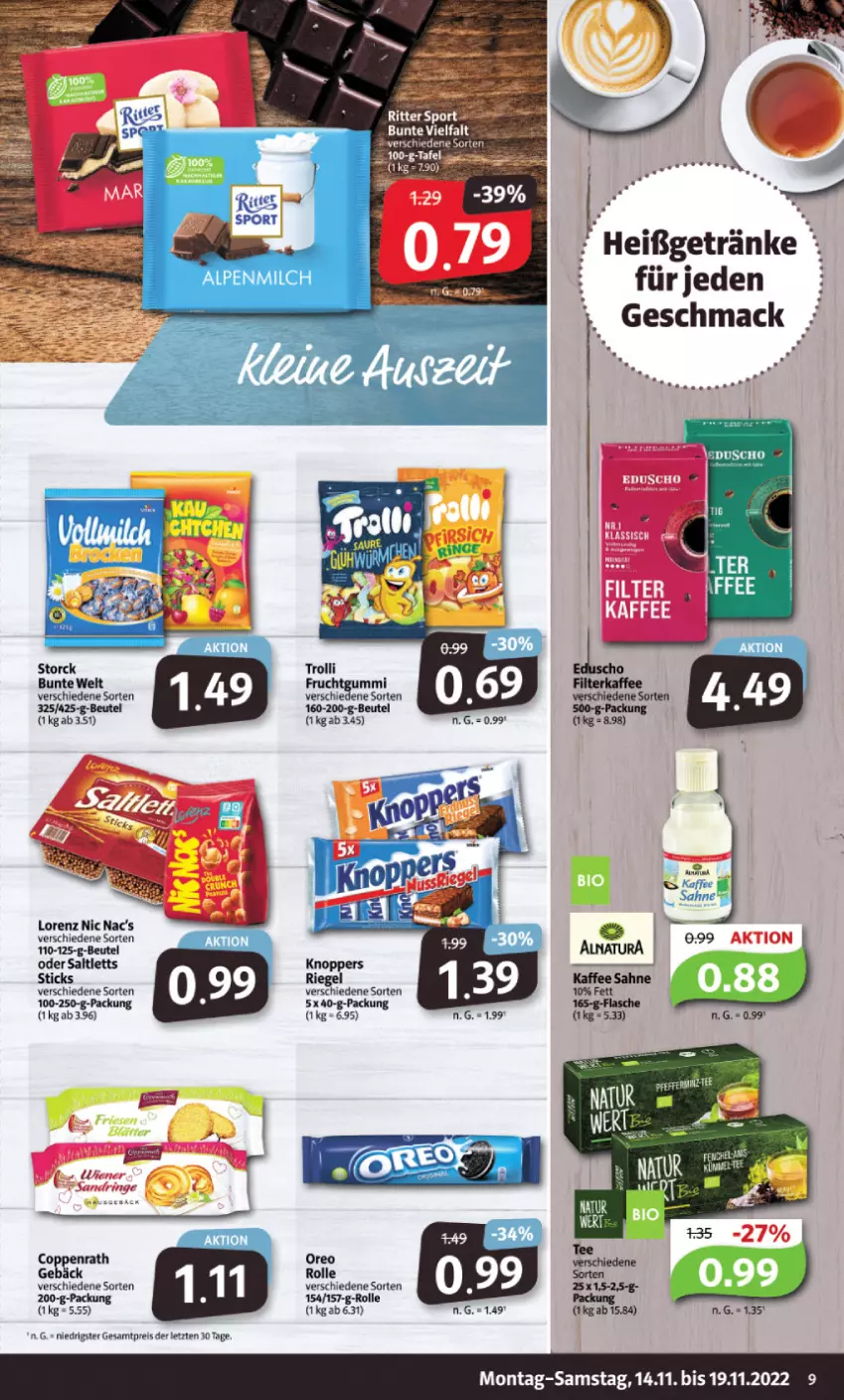 Aktueller Prospekt Markant - Prospekte - von 14.11 bis 19.11.2022 - strona 9 - produkty: beutel, coppenrath, eis, flasche, frucht, fruchtgummi, getränk, getränke, kaffee, knoppers, lorenz, mac, natur, natura, oreo, reis, riegel, ritter, ritter sport, sahne, saltletts, Sport, storck, Ti, trolli, ZTE