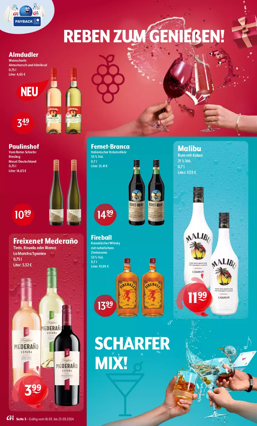 Aktueller Prospekt Getraenke Hoffmann - Prospekte - von 18.03 bis 23.03.2024 - strona 3 - produkty: almdudler, ball, Fernet, freixenet, kokos, kräuter, kräuterlikör, likör, Malibu, riesling, rum, schorle, Ti, wein, weinschorle, whisky