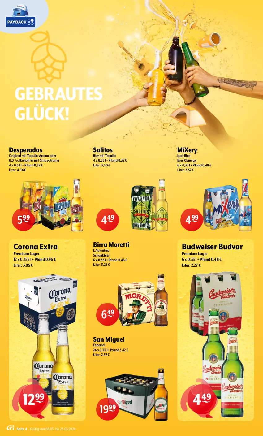 Aktueller Prospekt Getraenke Hoffmann - Prospekte - von 18.03 bis 23.03.2024 - strona 4 - produkty: alkohol, bier, budweiser, citrus, corona, corona extra, desperados, eis, gin, Mixer, mixery, Moretti, Schankbier, tequila, Ti