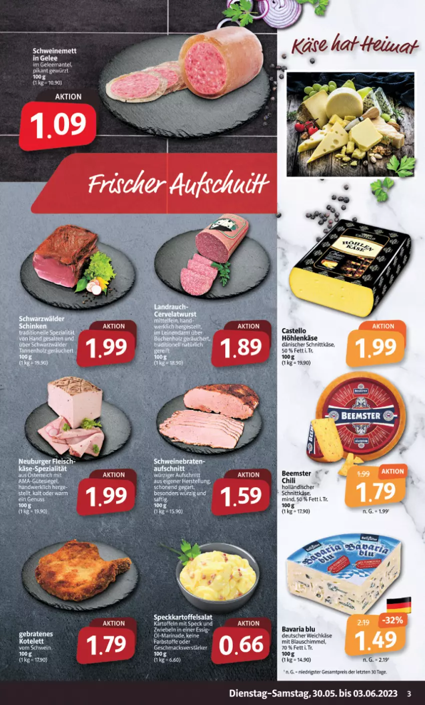 Aktueller Prospekt Markant - Prospekte - von 30.05 bis 03.06.2023 - strona 3 - produkty: bavaria blu, Beemster, chili, dänischer schnittkäse, deutscher weichkäse, eis, essig, gelee, gewürz, höhlenkäse, holländischer schnittkäse, kartoffel, kartoffeln, kartoffelsalat, Käse, mac, Mantel, marinade, reis, Ria, salat, schnittkäse, Speck, tee, Ti, weichkäse, ZTE, zwiebel, zwiebeln