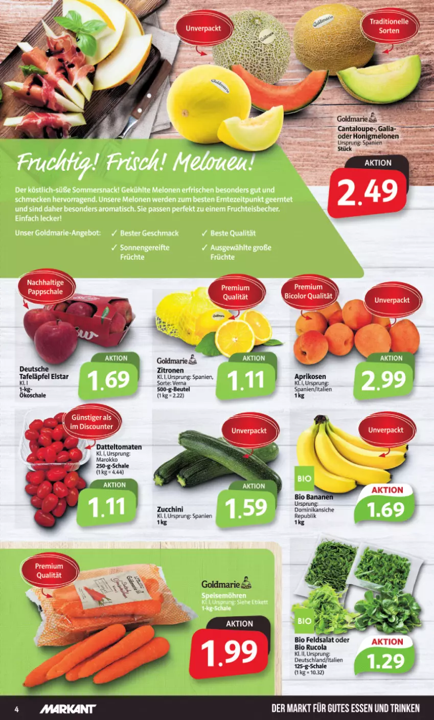 Aktueller Prospekt Markant - Prospekte - von 30.05 bis 03.06.2023 - strona 4 - produkty: aprikose, aprikosen, beutel, bio, cola, datteltomaten, elle, feldsalat, goldmarie, gutes essen, honig, honigmelone, honigmelonen, melone, melonen, rucola, salat, Schal, Schale, tafeläpfel, Ti, tomate, tomaten, zitrone, zitronen