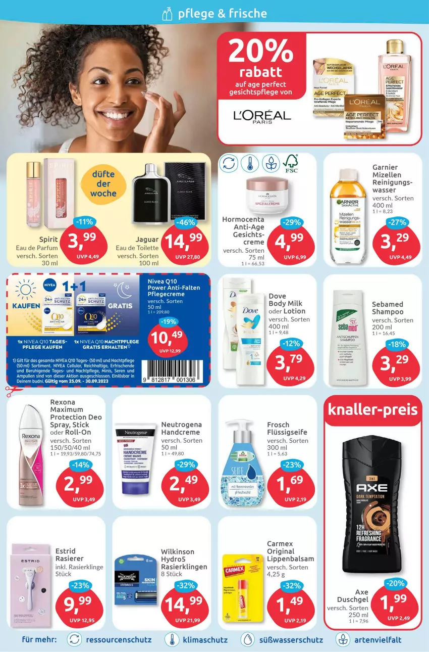 Aktueller Prospekt Budni - Prospekte - von 25.09 bis 30.09.2023 - strona 2 - produkty: ACC, axe, axe duschgel, balsam, body, body milk, creme, deo, dove, duschgel, eis, elle, flüssigseife, Frosch, garnier, gin, handcreme, Jaguar, Kollagen, Lippenbalsam, Lotion, mizellen, nachtpflege, neutrogena, nivea, parfum, Pflegecreme, Q10, rasierer, Rasierklinge, rasierklingen, Reinigung, rel, rexona, roll-on, sac, sebamed, Seife, shampoo, tee, Ti, tisch, wasser, wilkinson, Yo