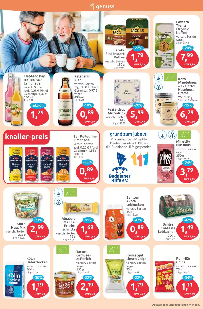 Aktueller Prospekt Budni - Prospekte - von 25.09 bis 30.09.2023 - strona 6 - produkty: aufstrich, bahlsen, bett, bier, chips, creme, drink, Elephant Bay, elle, erde, hafer, haferflocken, haselnuss, ice tea, jacobs, kaffee, kölln, kuchen, lavazza, Lebkuchen, lemonade, limo, limonade, linsen, mandel, natur, natura, nuss, pom-bär, Ratsherrn, ritter, san pellegrino, Ti