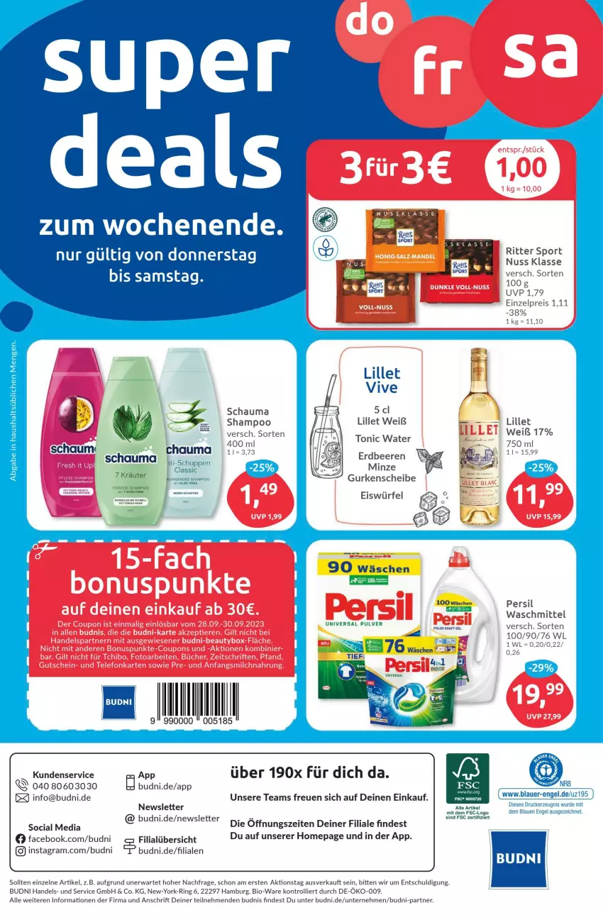 Aktueller Prospekt Budni - Prospekte - von 25.09 bis 30.09.2023 - strona 8 - produkty: aloe vera, auer, bio, drucker, eis, Engel, kerze, kraft, kräuter, lillet, nuss, Omep, persil, reis, ring, ritter, ritter sport, schauma, shampoo, Sport, Ti, trolli, universal pulver, waschmittel, Yo