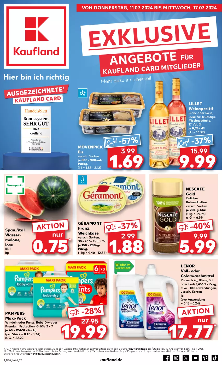 Aktueller Prospekt Kaufland - Prospekt - von 11.07 bis 17.07.2024 - strona 1 - produkty: aperitif, bohne, bohnen, bohnenkaffee, colorwaschmittel, eis, frucht, géramont, getränk, getränke, kaffee, Käse, lenor, lillet, löslicher bohnenkaffee, melone, mövenpick, mövenpick eis, Nescafé, nescafé gold, pampers, Pants, Pods, reis, Ti, waschmittel, wasser, wassermelone, weichkäse, wein, windeln, windeln oder pants, ZTE