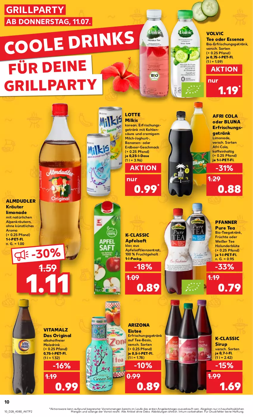 Aktueller Prospekt Kaufland - Prospekt - von 11.07 bis 17.07.2024 - strona 10 - produkty: Afri Cola, alkohol, almdudler, angebot, apfel, apfelsaft, banane, bananen, bio, Blüte, cola, drink, eier, eis, eistee, erfrischungsgetränk, frucht, früchte, getränk, gin, grill, holunder, holunderblüte, joghur, joghurt, kräuter, kräutern, limo, limonade, mac, malz, milch, pfanne, Pfanner, saft, sirup, tee, Ti, vita, vitamalz, volvic, ZTE