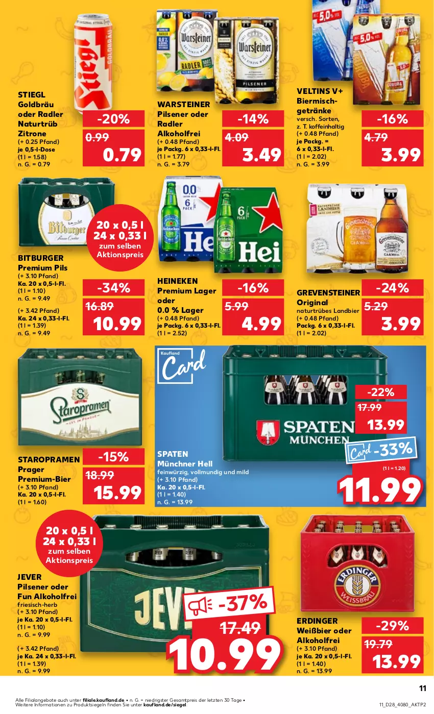 Aktueller Prospekt Kaufland - Prospekt - von 11.07 bis 17.07.2024 - strona 11 - produkty: aktionspreis, alkohol, angebot, angebote, bier, bitburger, burger, eis, erdinger, getränk, getränke, gin, grevensteiner, heineken, jever, jever pilsener, natur, oder radler, pils, pilsener, premium pils, radler, reis, Spaten, Staropramen, steiner, Stiegl, Ti, veltins, warsteiner, zitrone, ZTE