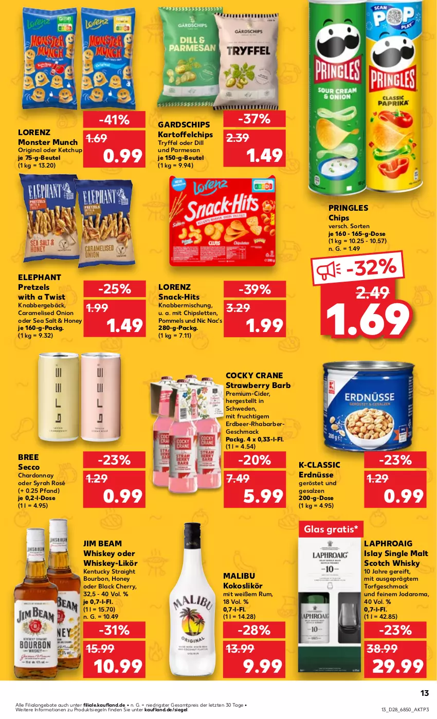 Aktueller Prospekt Kaufland - Prospekt - von 11.07 bis 17.07.2024 - strona 13 - produkty: angebot, angebote, beutel, bourbon, bree, caramel, chardonnay, chips, cider, ecco, eis, erdnüsse, frucht, gin, islay single malt, jim beam, kartoffel, kartoffelchips, kentucky straight, ketchup, kokos, lack, laphroaig, likör, lorenz, mac, Malibu, mit frucht, monster, nic nac's, Pommels, Pretzel, pringles, reis, rhabarber, ring, rum, salz, scotch, scotch whisky, single malt, snack, Ti, tuc, whiskey, whisky, ZTE