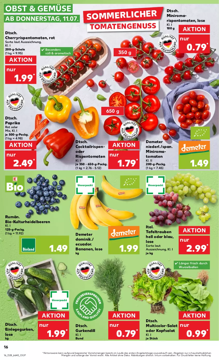 Aktueller Prospekt Kaufland - Prospekt - von 11.07 bis 17.07.2024 - strona 16 - produkty: angebot, ball, banane, bananen, beere, beeren, bio, cocktail, gurke, gurken, heidelbeere, heidelbeeren, kopfsalat, merl, nuss, obst, paprika, paprika rot, rispentomaten, rum, salat, Schal, Schale, tafeltrauben, Ti, tisch, tomate, tomaten, trauben, ZTE