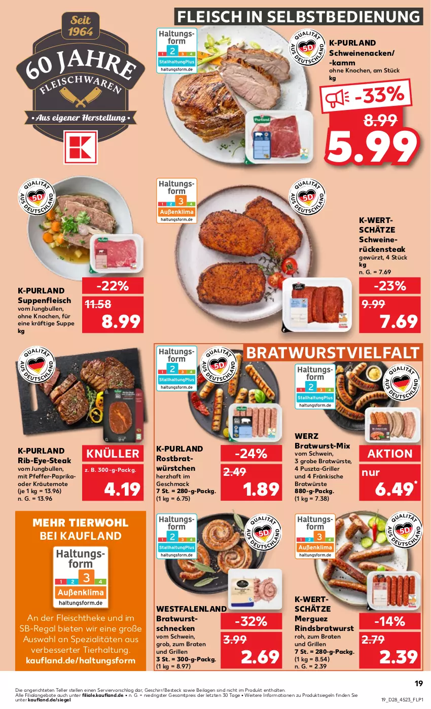 Aktueller Prospekt Kaufland - Prospekt - von 11.07 bis 17.07.2024 - strona 19 - produkty: angebot, angebote, besteck, braten, bratwurst, eis, elle, fleisch, fleisch in selbstbedienung, geschirr, gewürz, grill, ilag, jungbullen, kräuter, kräutern, mac, oder kräuter, paprika, pfeffer, purland, regal, reis, rind, Rückensteak, schwein, schweine, schweinenacken, schweinerücken, Spezi, steak, suppe, suppen, suppenfleisch, teller, Ti, wein, weine, wurst, würstchen, ZTE